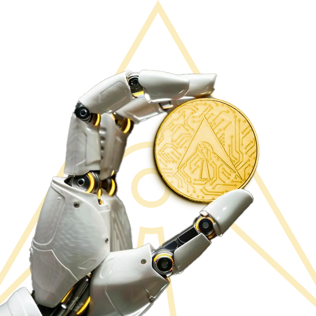 a robot holding a coin